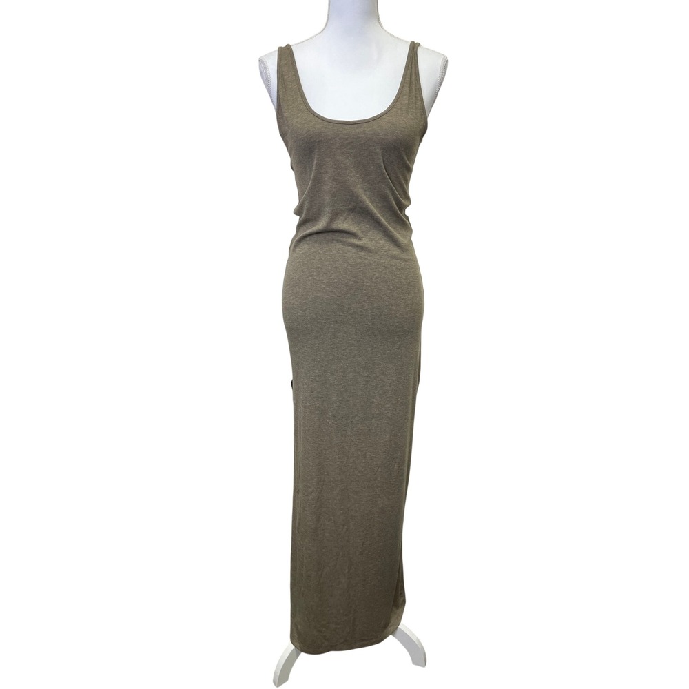 Zara Knit Maxi Dress L Brown Heather Ribbed Scoop Back Sleeveless Side Slit